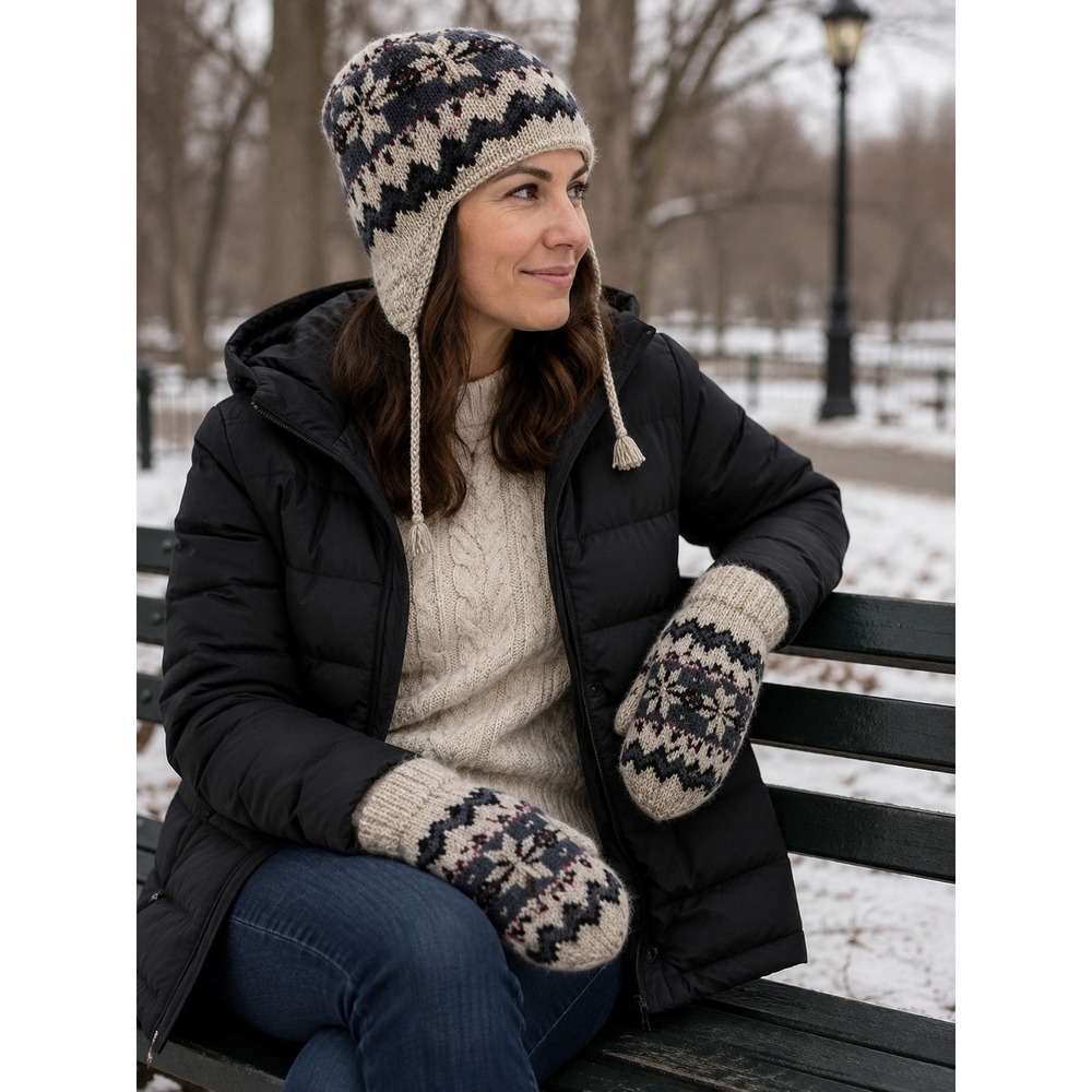 The Renewable Resource Beanie Unisex OS Grey Fair Isle Wool Blend Earflap Hat
